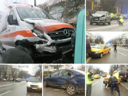 7 maşini avariate, după ce o şoferiţă s-a speriat de ambulanţă, iar o alta a fost distrasă de 